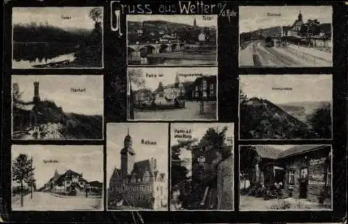 Ak Wetter an der Ruhr, Totalansicht, Bahnhof, Kriegerdenkmal, Rathaus, alte Burg, Turnhalle