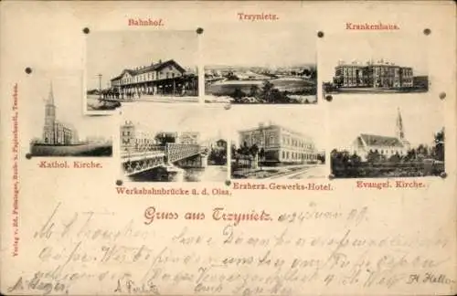 Ak Třinec Trzynietz Mährisch Schlesien, Bahnhof, Krankenhaus, Werksbahnbrücke, Gewerks-Hotel