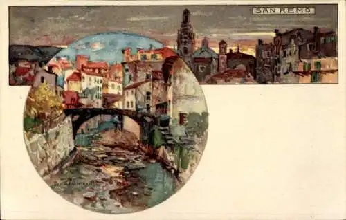 Künstler Litho Wielandt, Manuel, San Remo Liguria, Stadtpanorama bei Dämmerung, Brücke