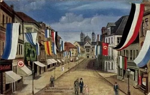 Ak Speyer am Rhein, Maximilianstraße, Flaggenschmuck