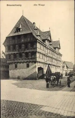 Ak Braunschweig in Niedersachsen, Alte Waage, Pferdefuhrwerk