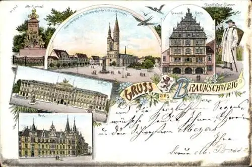 Litho Braunschweig in Niedersachsen, Kirche, Denkmal, Schloss, Post, Gewandhaus