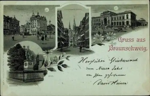 Mondschein Litho Braunschweig in Niedersachsen, Kirche, Markt, Bahnhof, Lessing Denkmal