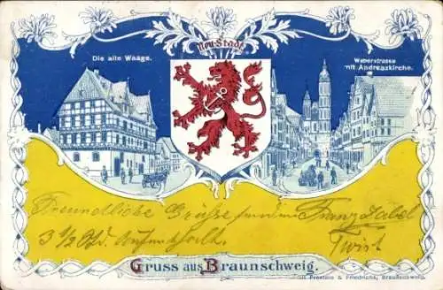 Wappen Litho Braunschweig in Niedersachsen, Alte Waage, Weberstraße, Andreaskirche