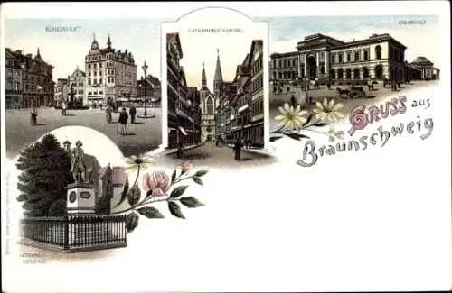 Litho Braunschweig in Niedersachsen, Kirche, Markt, Bahnhof, Lessing Denkmal