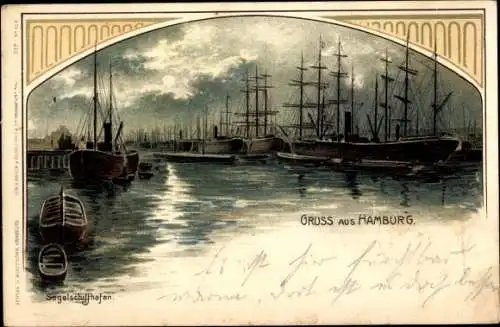 Künstler Litho Hamburg, Segelschiffhafen, Segelschiffe, Boote