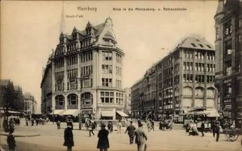 Ak Hamburg Mitte Altstadt, Stadt-Cafe, Mönckebergstraße und Rathausstraße