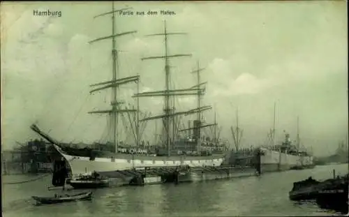 Ak Hamburg, Segelschiff im Hafen, Dampfer