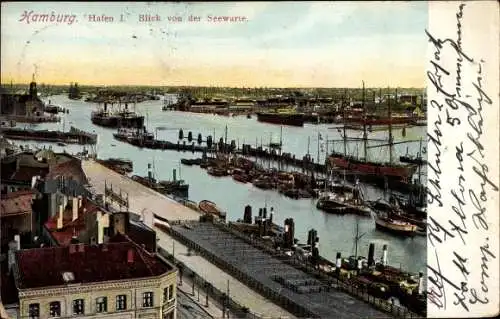 Ak Hamburg. Hafen I., Totalansicht, Blick von der Seewarte, Schiffe