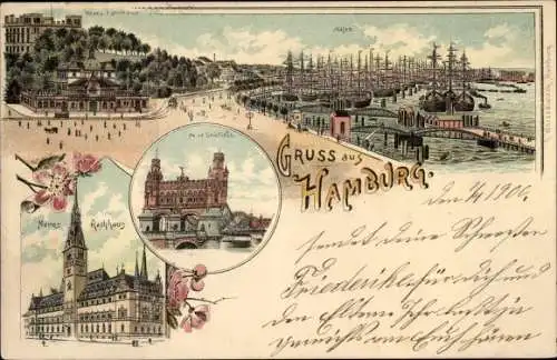 Litho Hamburg Mitte Altstadt, Panorama, Neues Rathaus, St. Pauli Neues Fährhaus, Hafen