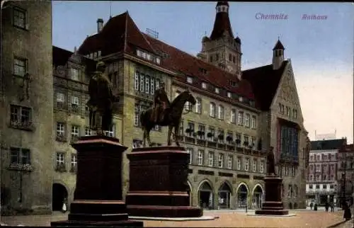 Ak Chemnitz in Sachsen, Rathaus, Denkmäler