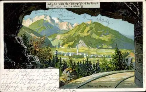 Litho Mayrhofen im Zillertal Tirol, Blick auf den Ort, Gebirge