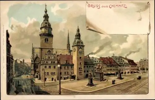 Litho Chemnitz in Sachsen, Altes Rathaus am Marktplatz