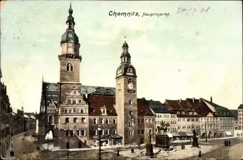 Ak Chemnitz Sachsen, Hauptmarkt, Rathaus, Denkmal