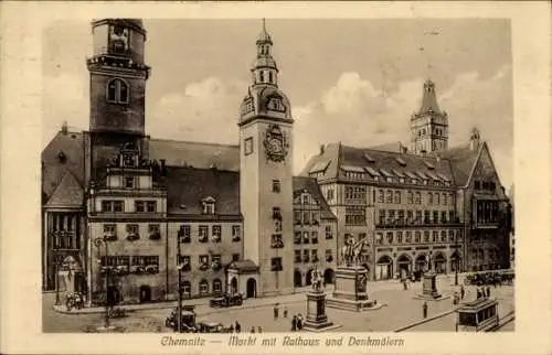 Ak Chemnitz in Sachsen, Markt, Rathaus, Denkmäler