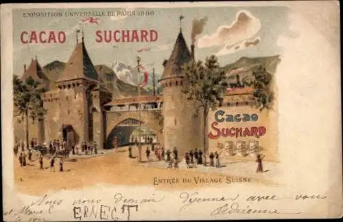 Litho Paris, Weltausstellung 1900, Eingang zum Schweizer Dorf, Cacao Suchard