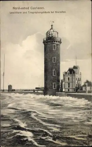 Ak Cuxhaven, Leuchtturm und Telegraphengebäude bei Sturmflut