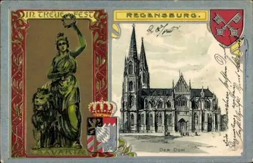 Präge Wappen Passepartout Litho Regensburg an der Donau Oberpfalz, Dom, Bavaria