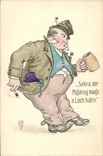 Künstler Litho Scheuermann, Willi, Betrunkener Mann, Sakra, der Masskrug muass a Loch habn