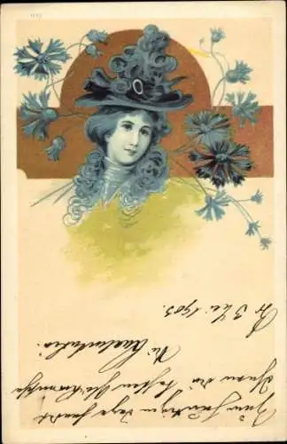 Jugendstil Litho Frauenbildnis, Hut, Kornblumen