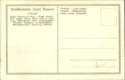 Ak Passagier- und Frachtdampfer Coburg, Norddeutscher Lloyd Bremen