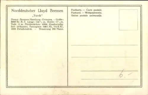 Ak Reichspostdampfer Yorck, Norddeutscher Lloyd Bremen