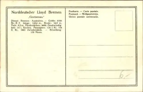 Ak Reichspost-Dampfer Gneisenau, Norddeutscher Lloyd Bremen