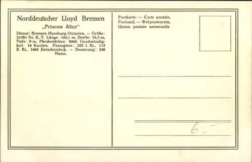 Ak Norddeutscher Lloyd Bremen, Doppelschrauben-Salondampfer Princess Alice