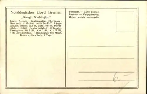 Ak Dampfschiff George Washington, Norddeutscher Lloyd Bremen, Doppelschrauben-Salondampfer