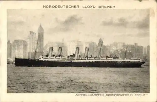 Ak Norddeutscher Lloyd Bremen, Schnelldampfer Kronprinzessin Cecilie vor New York