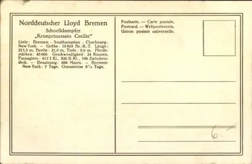 Ak Norddeutscher Lloyd Bremen, Schnelldampfer Kronprinzessin Cecilie vor New York