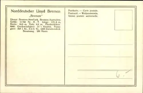 Ak Doppelschrauben-Salondampfer Bremen, Norddeutscher Lloyd Bremen