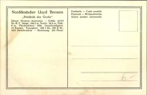 Ak Doppelschrauben-Salondampfer Friedrich der Große, Norddeutscher Lloyd Bremen