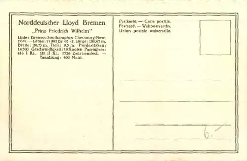 Ak Doppelschrauben-Salondampfer Prinz Friedrich Wilhelm, Norddeutscher Lloyd Bremen