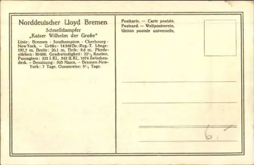 Ak Dampfschiff Kaiser Wilhelm der Große, Norddeutscher Lloyd Bremen, Schnelldampfer