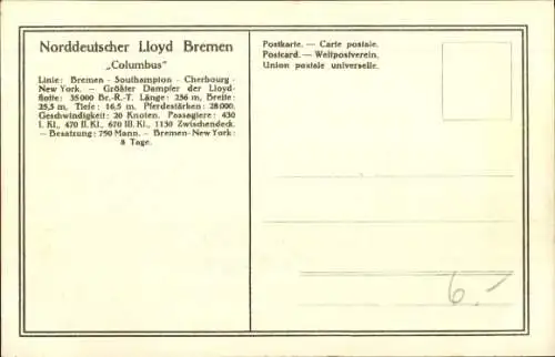 Ak Norddeutscher Lloyd Bremen, Doppelschrauben-Salondampfer Columbus