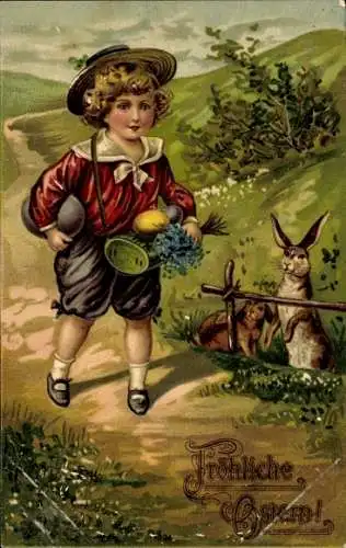 Präge Ak Glückwunsch Ostern, Kind, Hasen, Ostereier