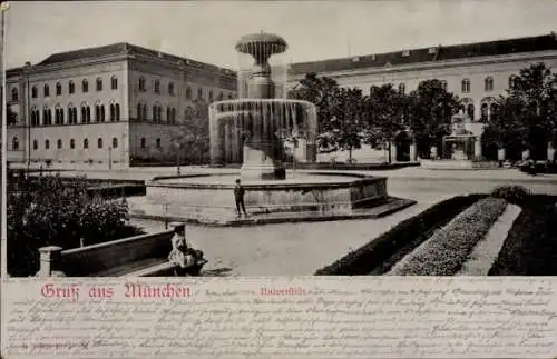 Ak München, Universität, Teilansicht, Brunnen