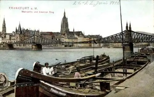 Ak Frankfurt am Main, Teilansicht, Eiserner Steg, Kirchturm, Boote, Pionier-Nierstein