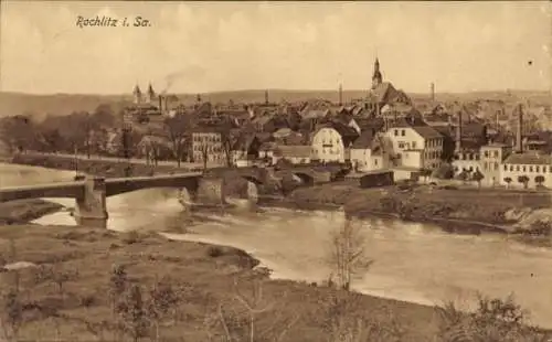 Ak Rochlitz an der Mulde Sachsen, Totalansicht, Kirchturm, Brücke