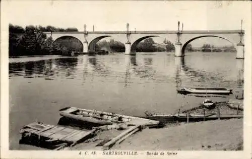 Ak Sartrouville Yvelines, Seineufer, Brücke, Boote, Steg