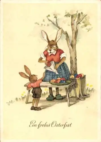 Ak Frohe Ostern, Osterhasen, Osterhäsin, Hasenkind, Verkaufsstand, Ostereier