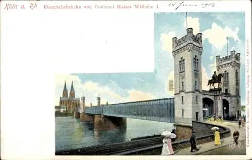 Ak Köln Rhein, Eisenbahnbrücke, Denkmal Kaiser Wilhelm I, Passanten