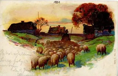 Glitzer Litho Schafe, Schafherde, Hirte, Häuser