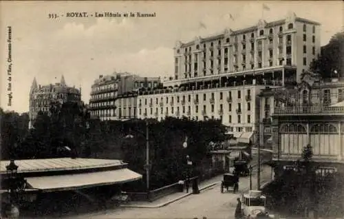 Ak Royat Puy de Dôme, Hotels, Straße, Straße, Kutschen, Kursaal