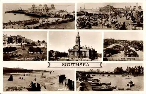 Ak Southsea Portsmouth Südostengland, Parade Pier, Italienische Gärten, Guildhall