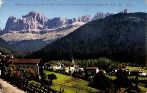 Ak Welschnofen Nova Levante Südtirol, An der Dolomitenstraße mit dem Rosengarten