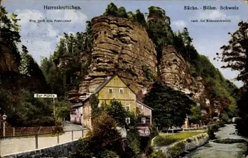 Ak Hřensko Herrnskretschen Elbe Region Aussig, Weg nach dem Prebischtor, Zur Mühle