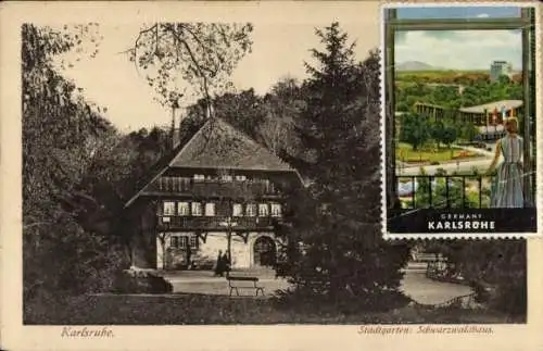 Ak Karlsruhe in Baden, Stadtgarten, Schwarzwaldhaus, Vignette