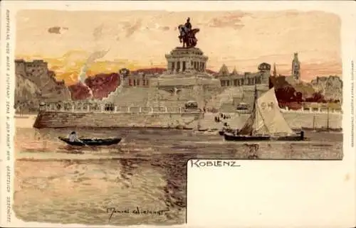 Künstler Litho Wielandt, M., Koblenz, Kaiser Wilhelm Denkmal, Boote, Deutsches Eck